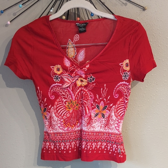 Guess Tops - Festival Y2K Guess Jeans Semi Sheer Red Small Stretch Printed Floral Depop Vtg